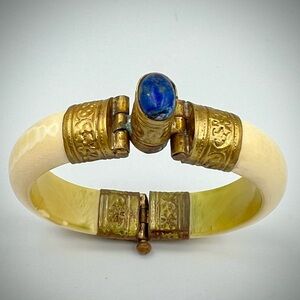 Afghan Central Asian tribal bone bracelet w/ brass fittings & lapis lazuli clasp